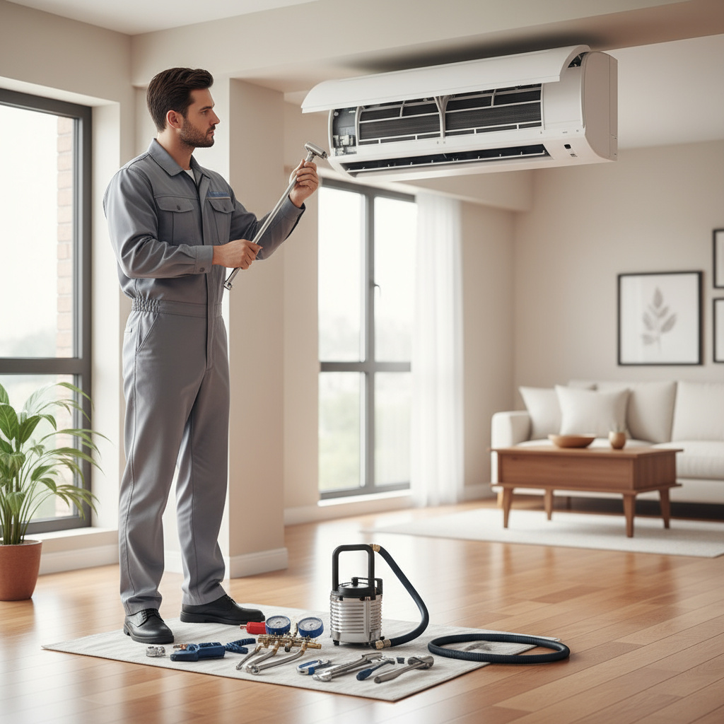 Técnico ajustando un aire acondicionado en Barcelona